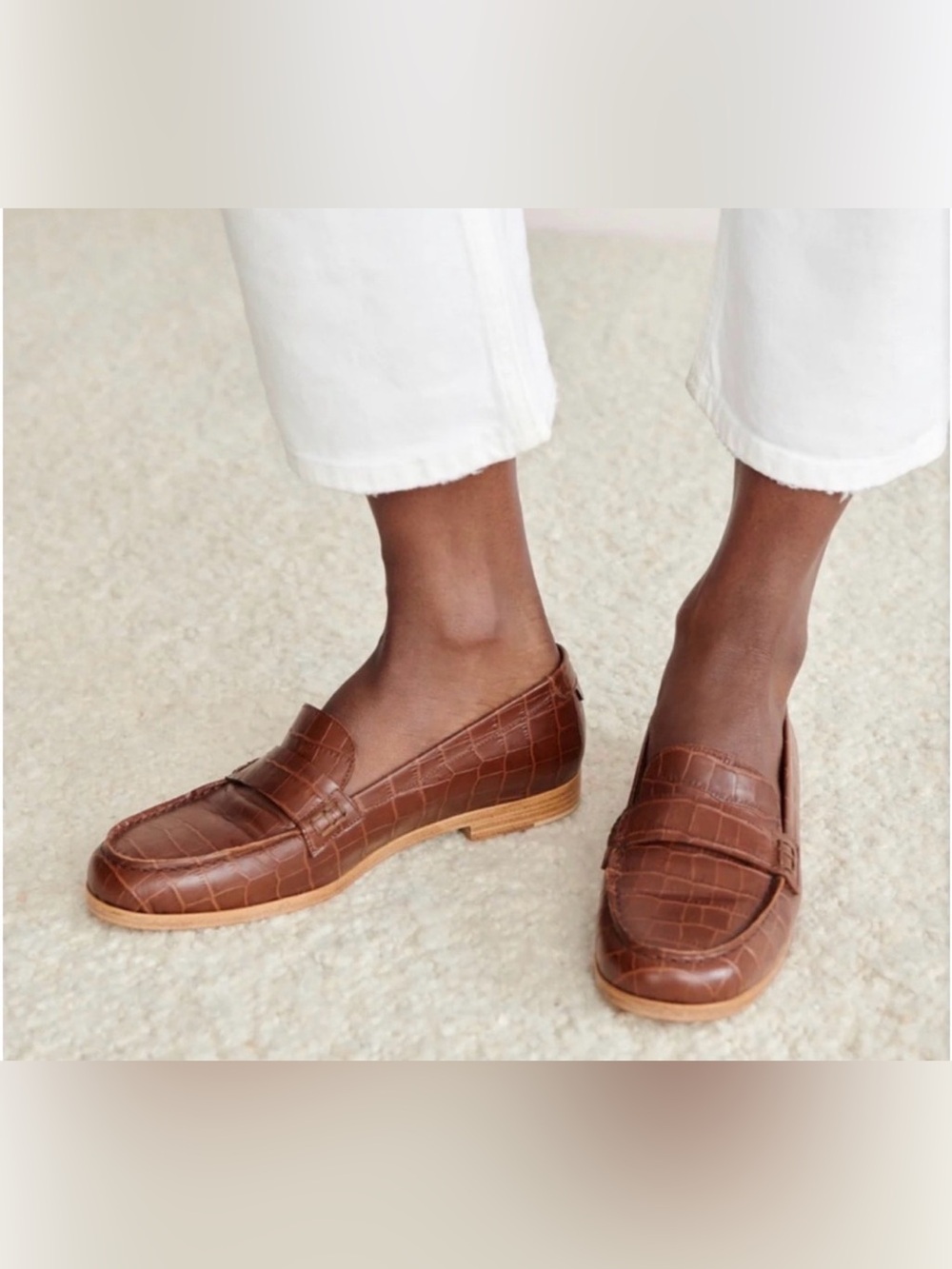 Jenni Kayne Croc Embossed Loafers Leather Slip On Shoes Cognac Brown